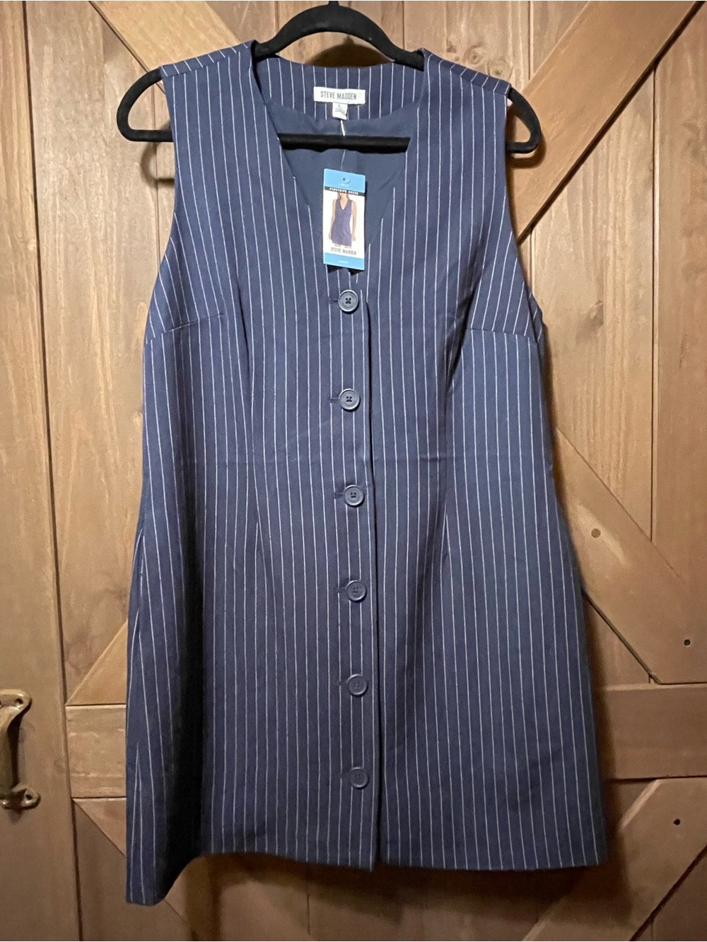 Steve Madden Navy Pinstripe Sleeveless Button-Front Midi Dress